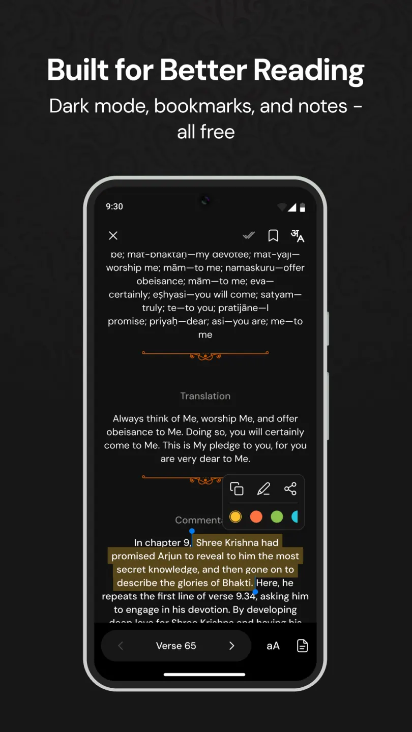 Dark mode reading with highlights and notes